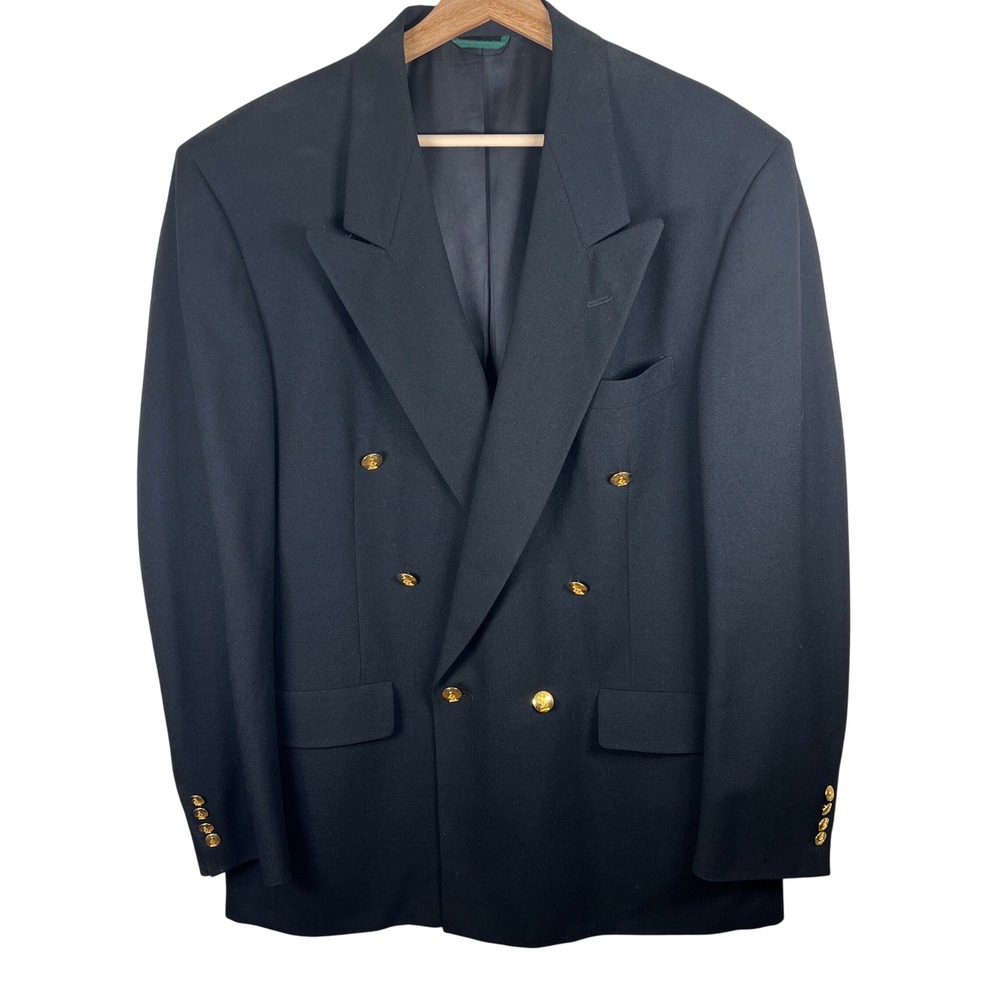 Austin Reed‎ Mens 42L Double Breasted Blazer Black Pure Virgin Wool Gold Button